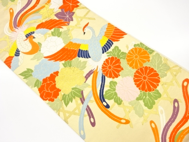 花々に鳳凰模様織出し袋帯